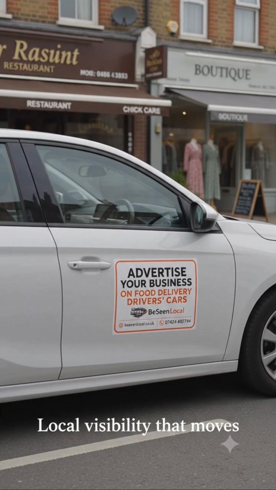 BeSeen Local sticker advert displayed on the door of a silver car